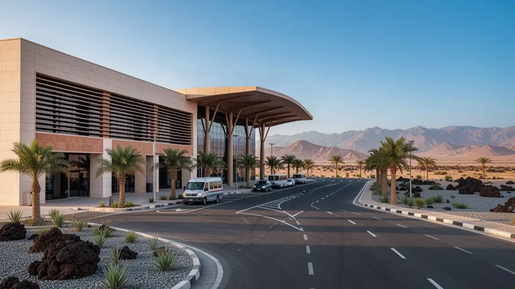 Esterno moderno del terminal e strada d'accesso fiancheggiata da palme presso l'aeroporto di Bisha in Arabia Saudita, illuminati dalla calda luce dorata del deserto