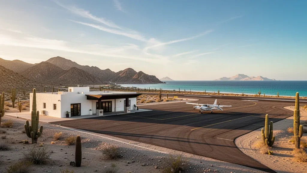 Pequeña terminal aeroportuaria en el desierto y pista vacía en Bahía de los Ángeles, Baja California, bajo una cálida luz dorada cerca del mar de Cortés