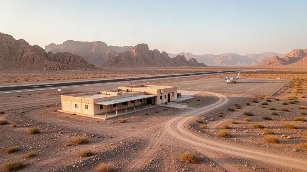 Pista del aeropuerto de Beihan y edificio terminal bajo en el árido paisaje desértico de Yemen a la hora dorada