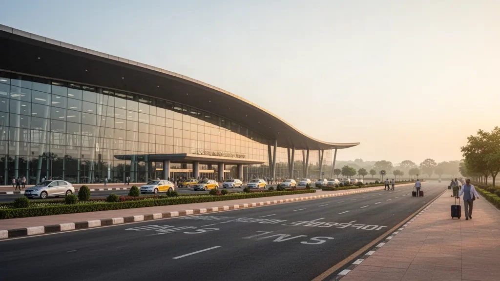 Moderne Glasfassade des Terminals und Ausstiegsbereich am Raja Bhoj International Airport in Bhopal, Indien, zur goldenen Stunde.