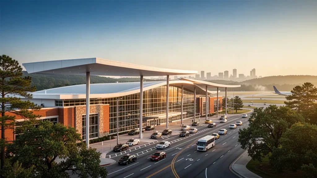 Moderno terminal in vetro e tettoia bianca curva all'aeroporto internazionale di Birmingham-Shuttlesworth illuminati dalla calda luce dorata del tramonto