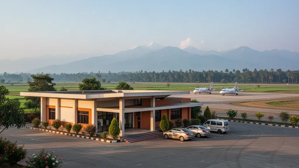 Kleines Inlandsterminal am Flughafen Bharatpur in Chitwan, Nepal, mit abgestellten Turboprop-Flugzeugen und den Ausläufern des Himalaya im Hintergrund
