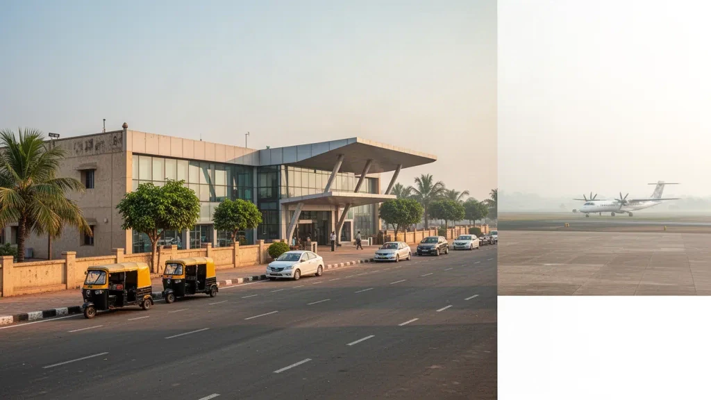 Esterno moderno del terminal dell'Aeroporto di Bhavnagar in Gujarat, con risciò e taxi sotto la luce calda del mattino.