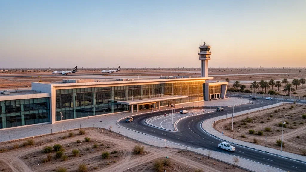 Edificio terminal moderno de vidrio en el Aeropuerto de Bahawalpur con camino de acceso e iluminación cálida al atardecer.