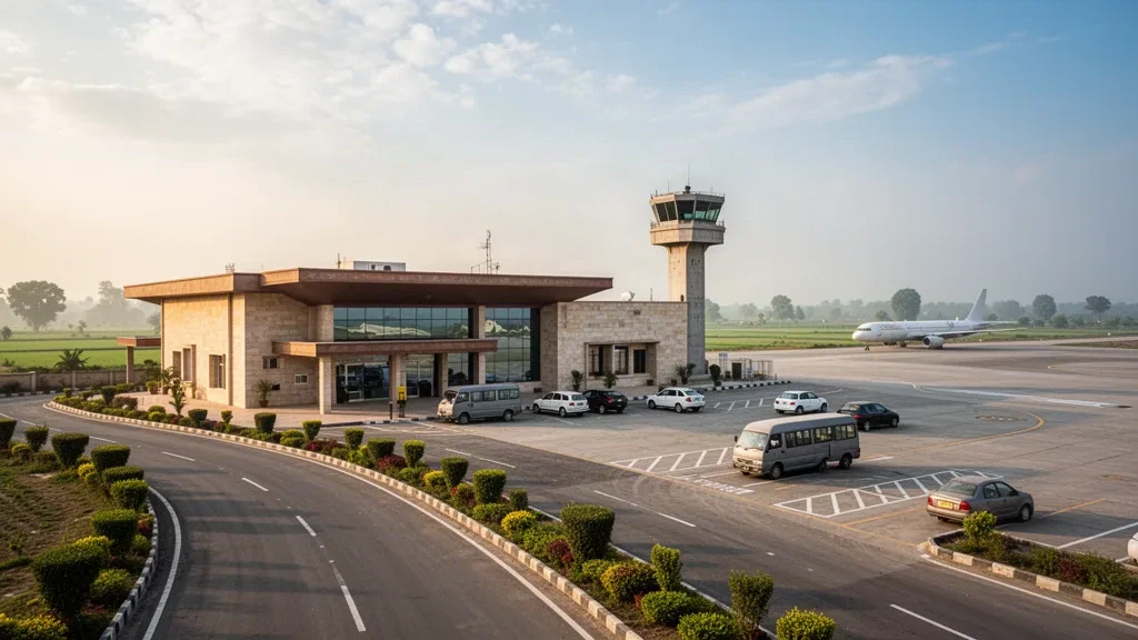 Sialkot yakınlarındaki Bhagatanwala Havalimanı'nın altın saat görünümü; Pencap ovaları boyunca alçak terminal binası, kontrol kulesi ve pist apronu görülüyor.