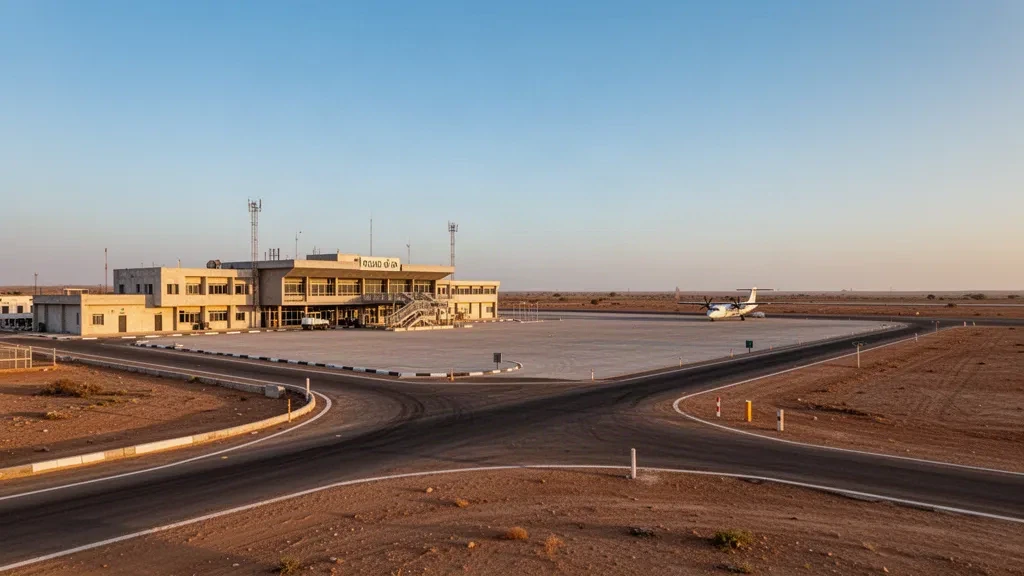 Baidoa Airport in Somalia with low-rise terminal, paved apron and dry landscape under warm sunlight.