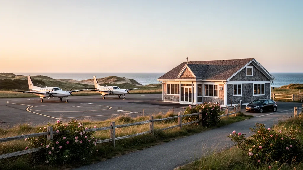 Block Island'da altın saatte apronda hafif pervaneli uçakların bulunduğu küçük bir kıyı New England havalimanı terminali
