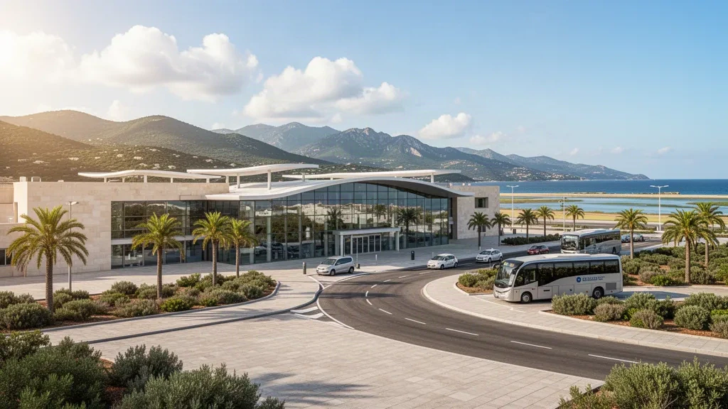 Extérieur moderne du terminal en verre et en pierre de l'aéroport de Bastia-Poretta en Corse, avec lumière méditerranéenne et montagnes en arrière-plan
