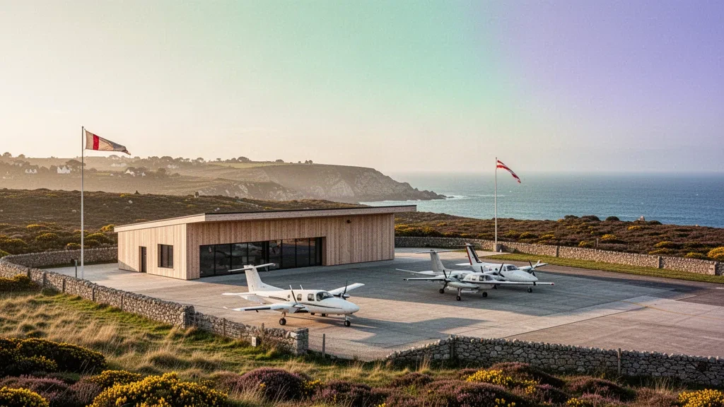 Piccolo terminal aeroportuale su un'isola di Belle-Île-en-Mer con aerei leggeri sul piazzale e la costa atlantica sullo sfondo durante l'ora d'oro