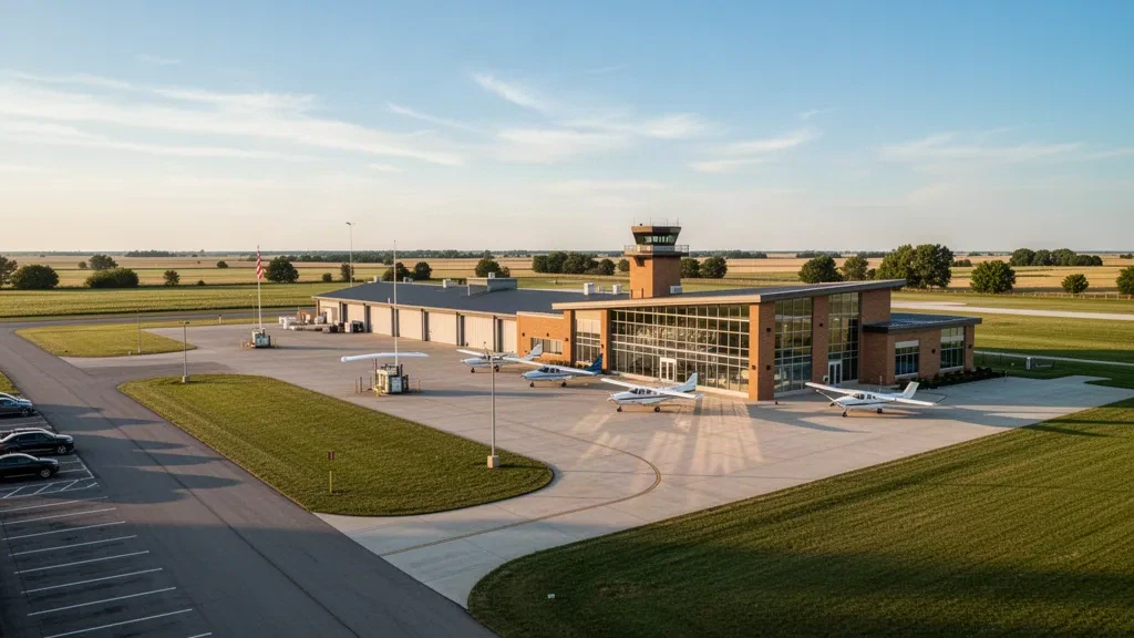 Beatrice Municipal Airport terminal and apron in Nebraska with parked light aircraft under a wide open prairie sky
