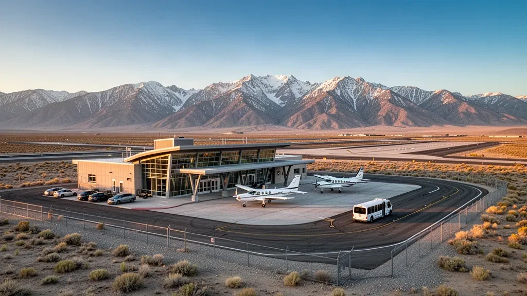Small regional airport terminal, apron and runway near Bishop, California, framed by the snow-dusted Sierra Nevada at golden hour.