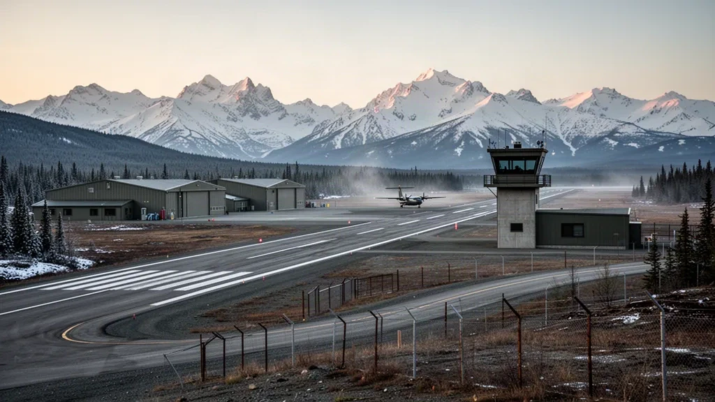 Piste d'atterrissage subarctique isolée, hangars et tour de contrôle à Allen Army Airfield près de Delta Junction, en Alaska, sous des sommets enneigés au lever du soleil.