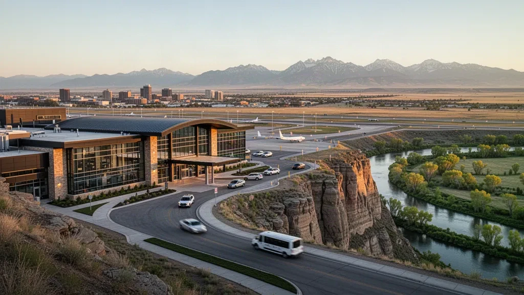 Modern glass terminal and curved access road at Billings Logan International Airport on Montana's Rimrocks at golden hour