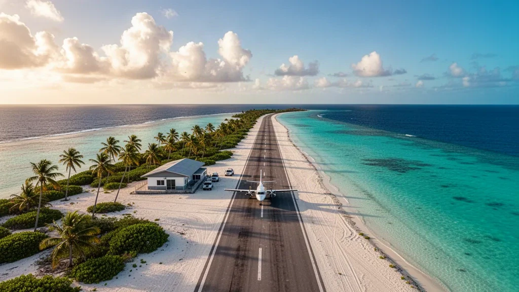 Pista di atterraggio corallina remota sull'isola di Eneu presso l'aeroporto di Bikini Atoll nelle Isole Marshall, delimitata da acqua turchese della laguna e palme