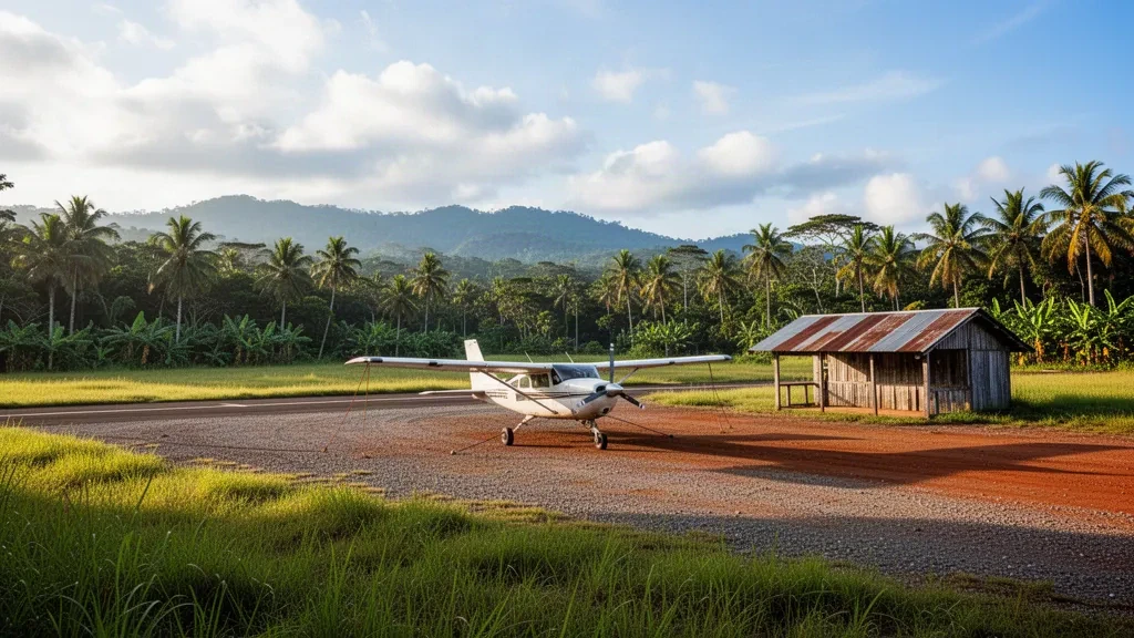 Petite piste d'atterrissage tropicale desservant le village de Biliau en Papouasie-Nouvelle-Guinée, avec une piste en gravier, des palmiers et des montagnes au loin dans une lumière chaude d'après-midi.