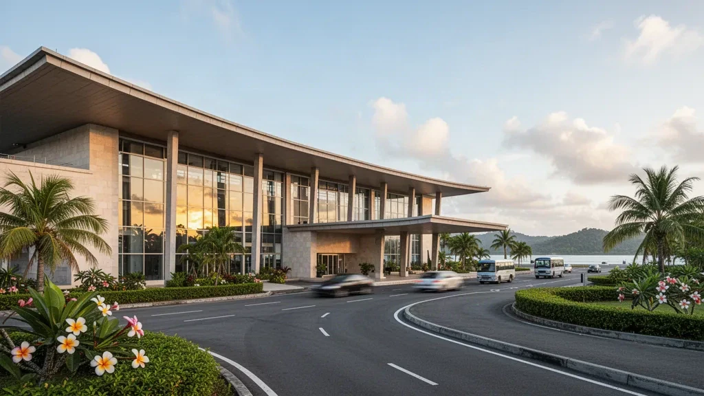 Biak, Papua'daki Frans Kaisiepo Havalimanı'nda palmiyeler ve sıcak altın saat ışığıyla modern tropikal terminal binasının dış görünümü
