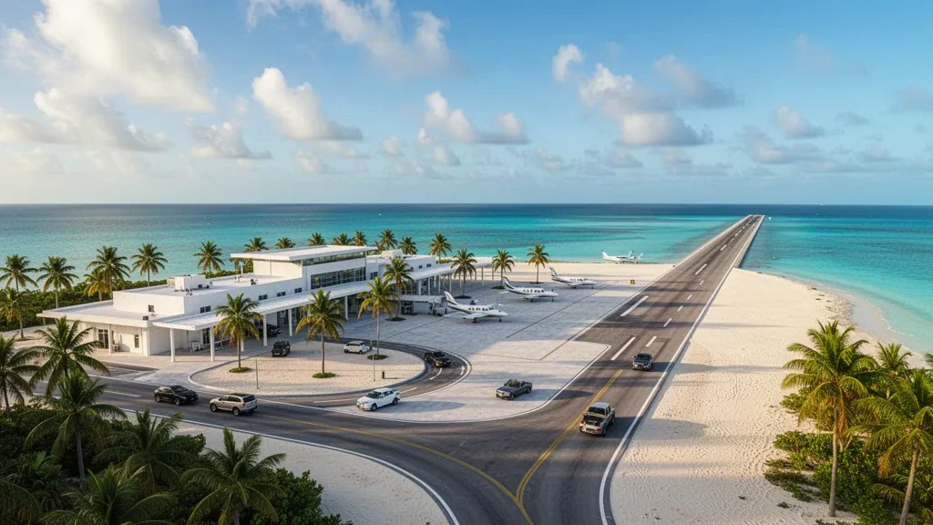 Bahamalar'daki South Bimini Havalimanı'nda parlak Karayip gün ışığı altında tropikal ada terminali ve pisti