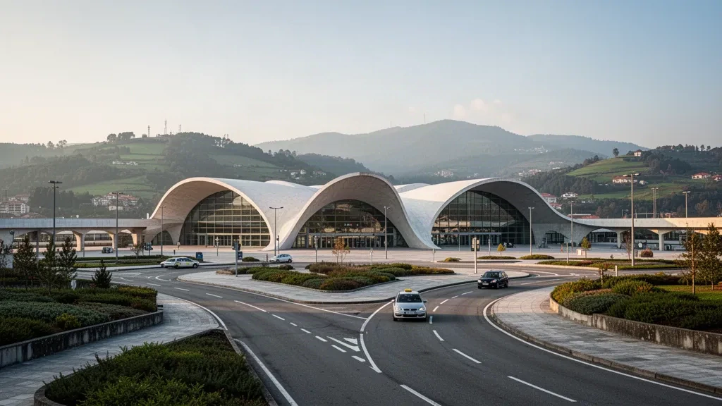 Terminal Calatrava blanc et sculptural de l'aéroport de Bilbao à Loiu, vu depuis sa route d'accès sinueuse sous une douce lumière dorée
