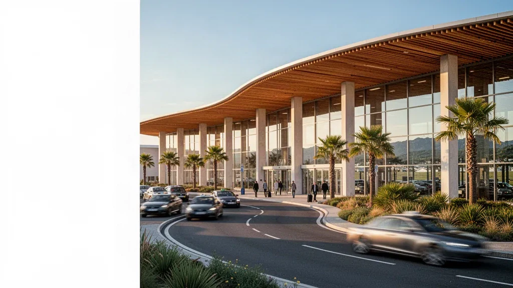 Modernes gläsernes Terminal und Vorfahrtspur am Flughafen Biarritz Pays Basque in Anglet, Frankreich, während der goldenen Stunde.