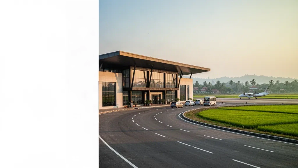 Moderna terminal de cristal y zona de descenso en la acera del aeropuerto de Biratnagar, en Nepal, resplandeciendo bajo la luz dorada del atardecer sobre las verdes llanuras del Terai.
