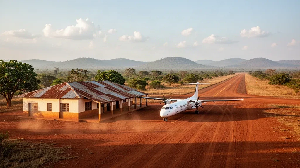 Piste d'atterrissage régionale isolée à Bria, en République centrafricaine, avec une piste en latérite et un petit bâtiment terminal à l'heure dorée