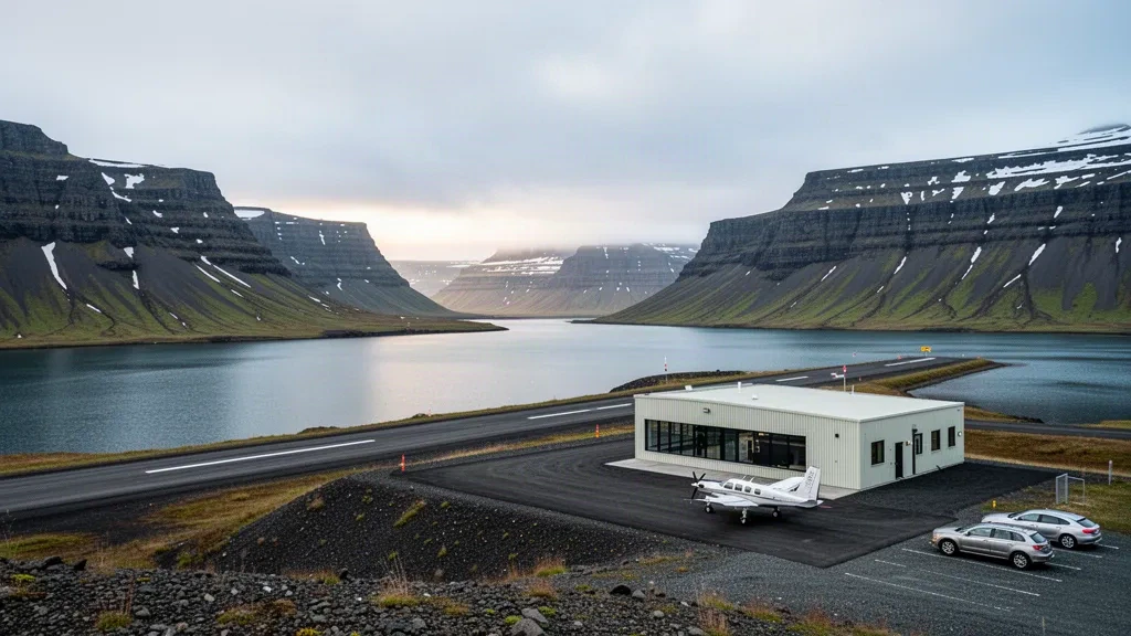 İzlanda'nın Batı Fiyortları'ndaki Bildudalur Havaalanı'nda dik fiyort dağları ve yumuşak kuzey ışığıyla çevrili küçük terminal binası ve pist