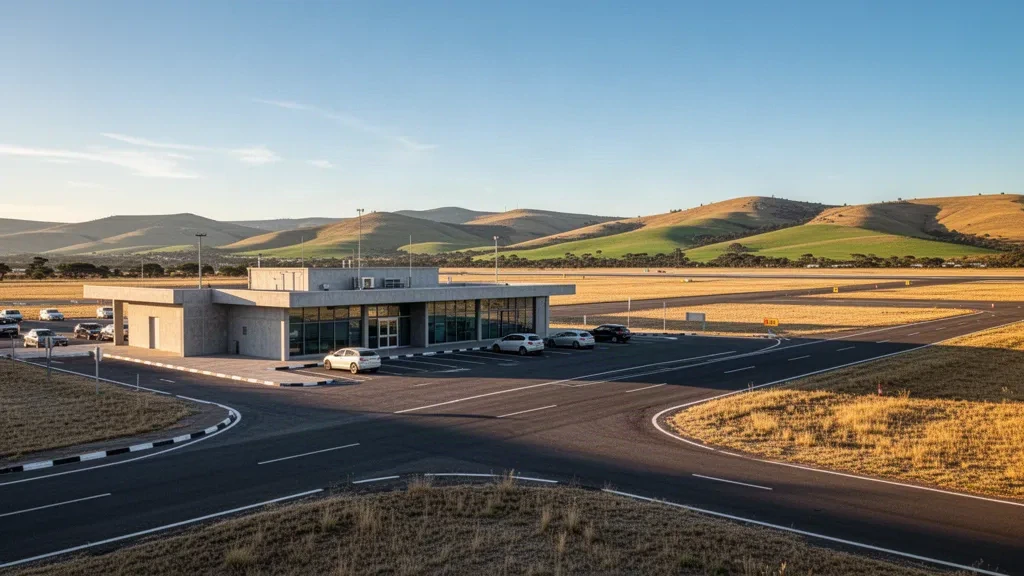 Bisho Airport terminal and runway in Eastern Cape, South Africa, with rolling hills under clear golden-hour light