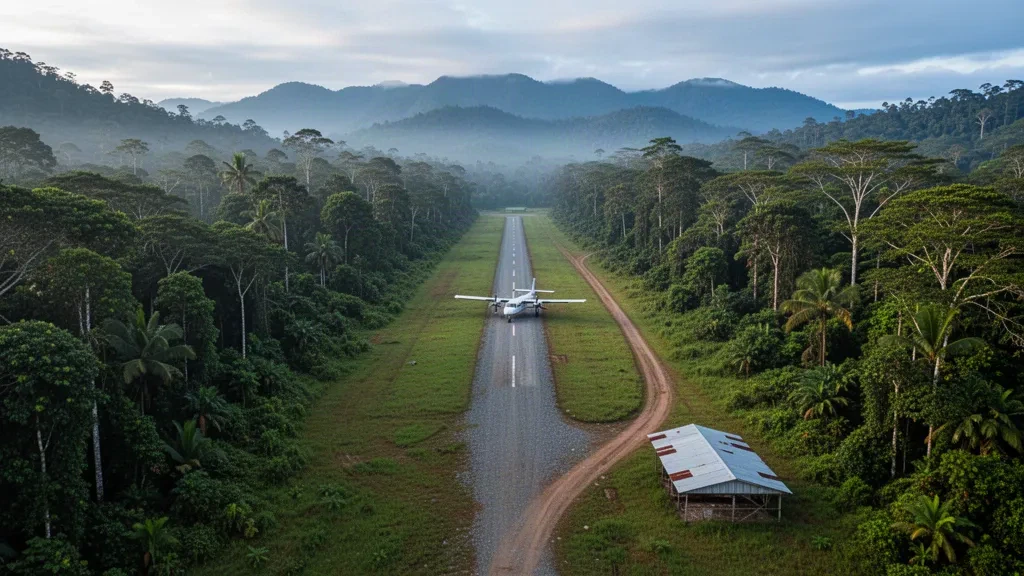 Abgelegene Hochlandpiste am Flughafen Bimin in Papua-Neuguinea, umgeben von dichtem Regenwald in sanftem Morgenlicht