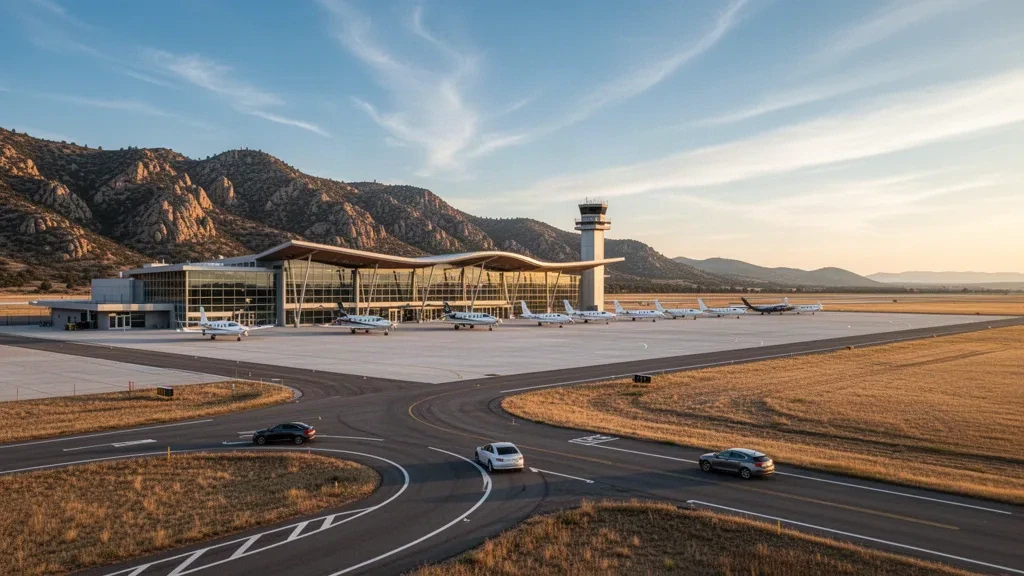 Terminal moderno, torre di controllo e aeromobili parcheggiati al Rocky Mountain Metropolitan Airport con le colline del Front Range del Colorado all'ora d'oro