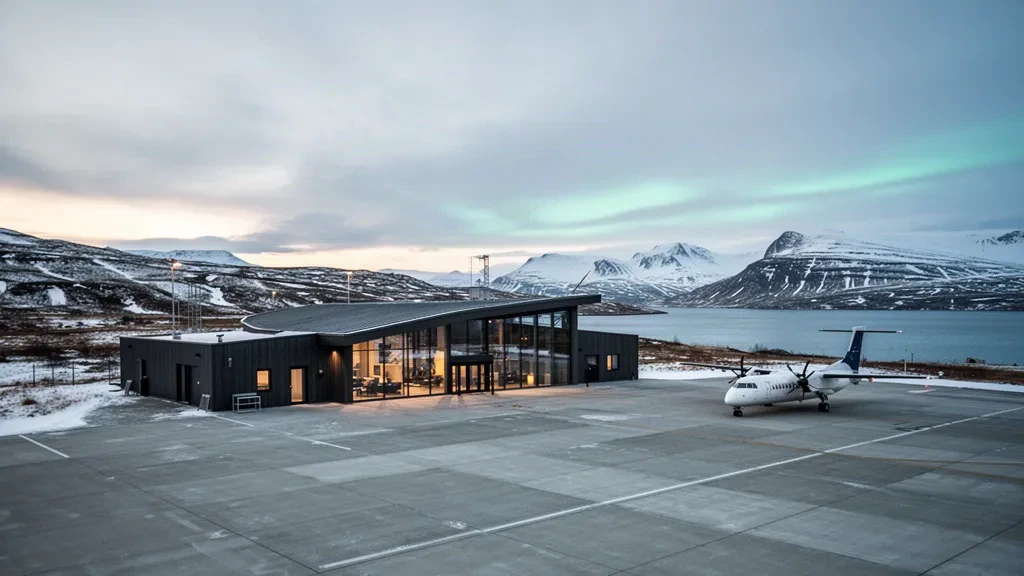 Modernes Glasterminal am Flughafen Båtsfjord auf einer verschneiten arktischen Hochebene in Finnmark, Norwegen, in kaltem Licht der goldenen Stunde