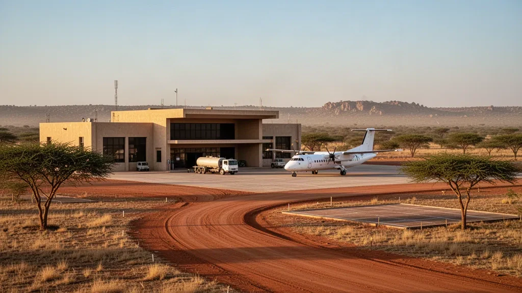 Sudan savanasındaki Baleela Havalimanı'nda sıcak altın saati ışığıyla yıkanan bölgesel terminal binası ve apron