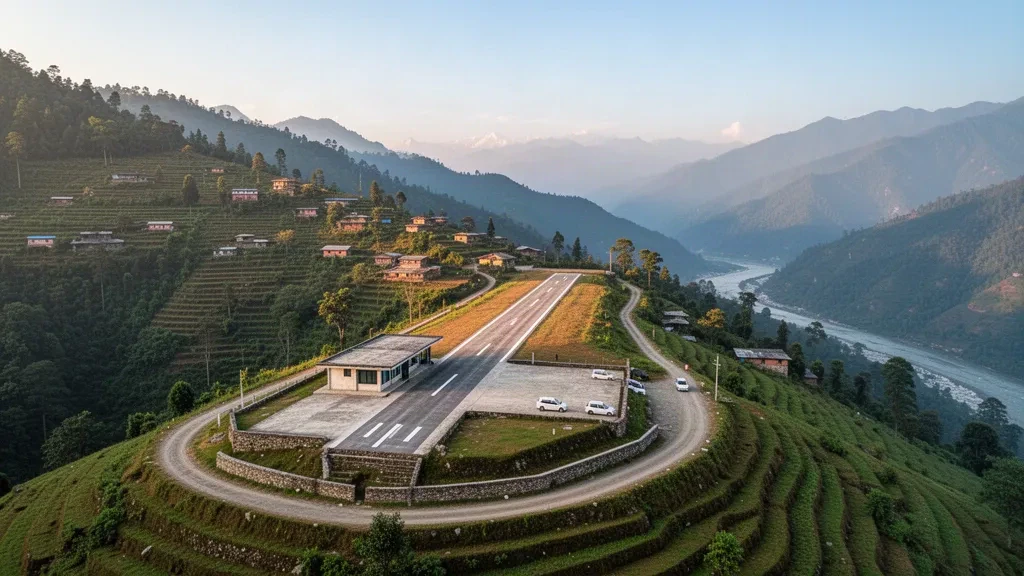 Abgelegene Landebahn am Hang und bescheidenes Terminal am Flughafen Bajhang in den westlichen Hügeln Nepals, eingerahmt von terrassierten Hängen in goldenem Licht.