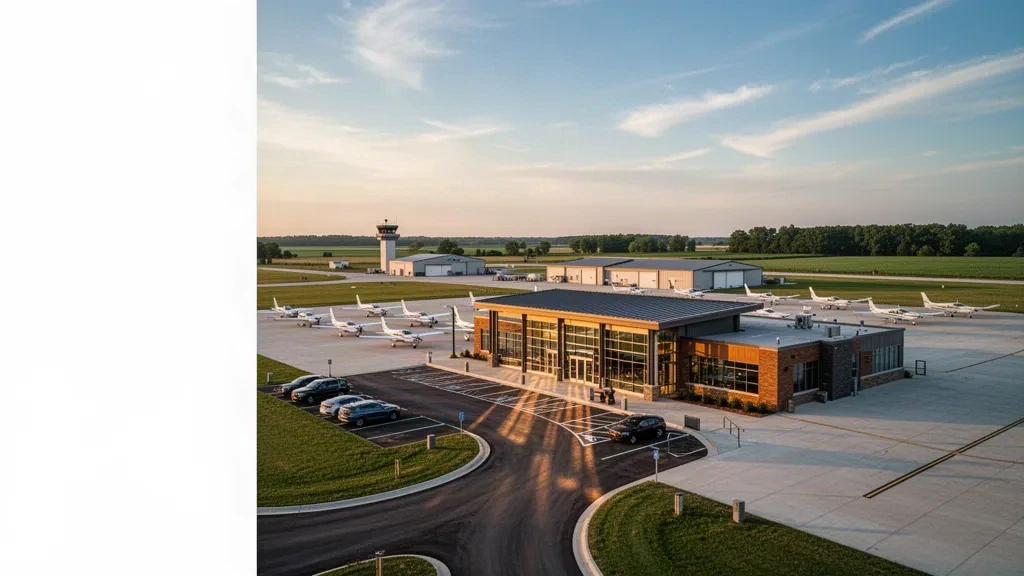 Terminal de aeropuerto regional en Wooster, Ohio, con aviones ligeros en la plataforma y una vía de acceso durante la hora dorada