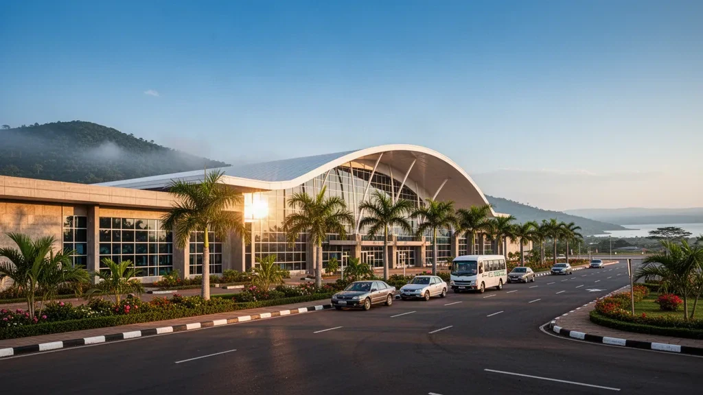 Terminal moderna de cristal y carril de descenso bordeado de palmeras en el Aeropuerto Internacional Melchior Ndadaye de Bujumbura bajo la luz de la hora dorada.