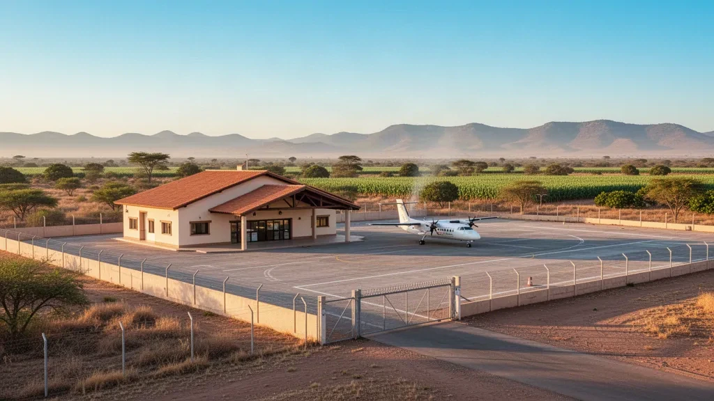 Sunlit terminal and apron at Bermejo Airport in Bolivia's Chaco lowlands, framed by dry subtropical vegetation and distant hazy hills.