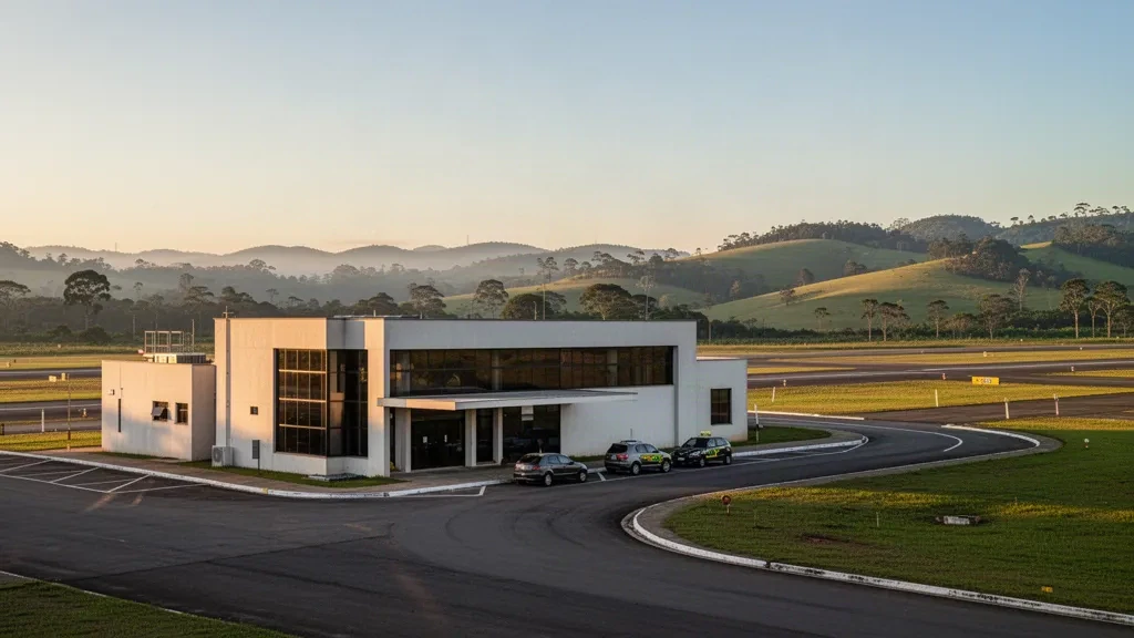 Small regional terminal and drop-off lane at Estadual Arthur Siqueira Airport in Bragança Paulista, Brazil during golden hour