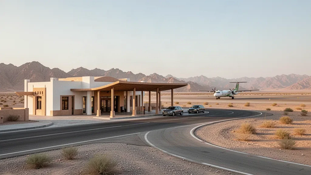 Low-rise desert terminal at Bahja Airport in Oman, seen from the drop-off road under warm golden light with hazy rocky hills behind.