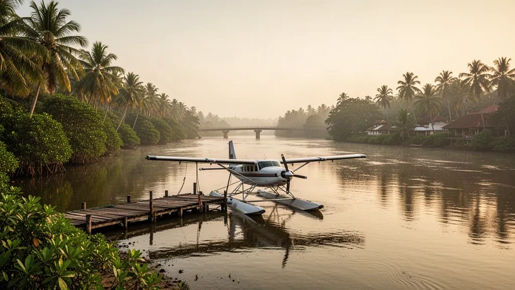 Seaplane moored at a wooden jetty on the Bentota River in Sri Lanka, surrounded by palms in warm golden-hour light