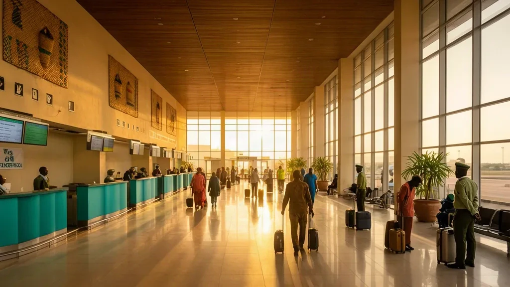 Interior view of Bahir Dar Airport terminal in Ethiopia, with travelers and check-in area bathed in warm natural light.