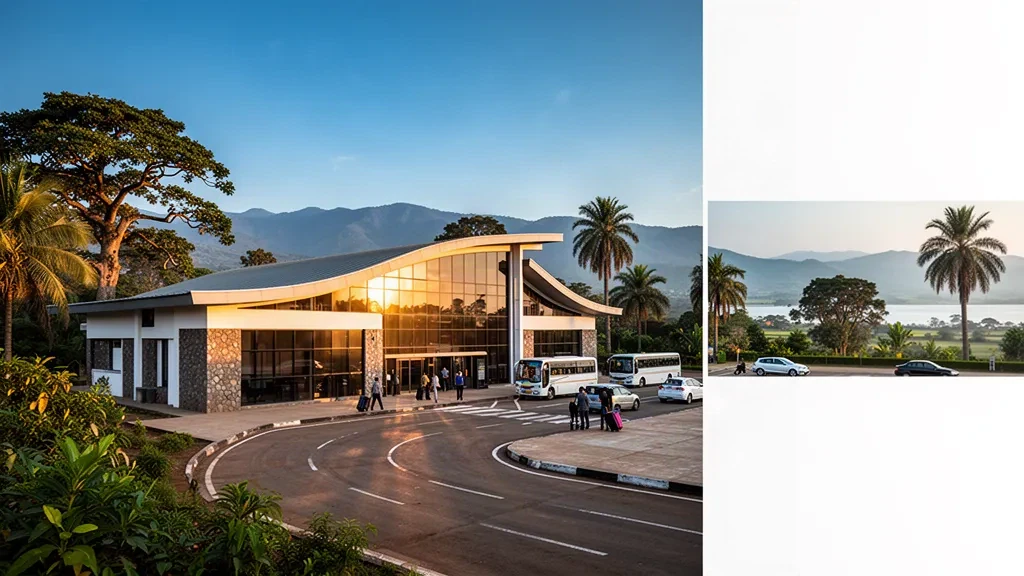 Moderne Glasfassade des Terminals am Flughafen Bahir Dar in Äthiopien zur goldenen Stunde, mit einer Ausstiegsspur und Reisenden unter einem warmen Hochlandhimmel
