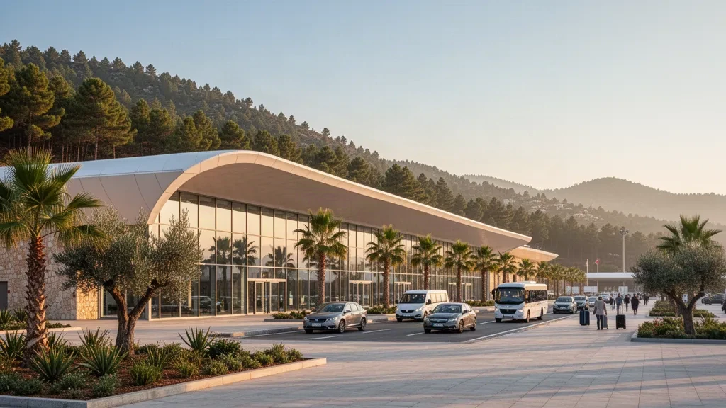 Modern glass terminal exterior and drop-off lanes at Milas-Bodrum Airport in Turkey, lit by warm golden hour light