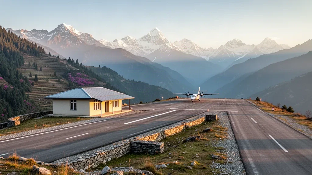 Nepal'deki Bajura Havaalanı'nın küçük Himalaya dağ pisti ve terminal binası; altın saatlerde teraslı sırtlar ve karla kaplı zirvelerle çevrili.