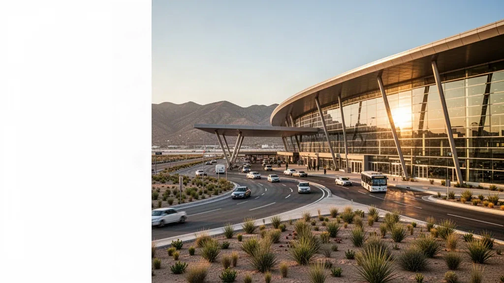 Modern glass terminal exterior at Guanajuato International Airport BJX in Silao at golden hour, with access lanes, landscaping and distant mountains