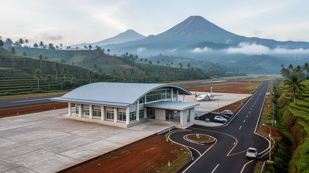 Terminal moderno e pista dell'aeroporto di Bajawa Soa sugli altopiani di Flores, incorniciati da colline verdi e nebbia mattutina