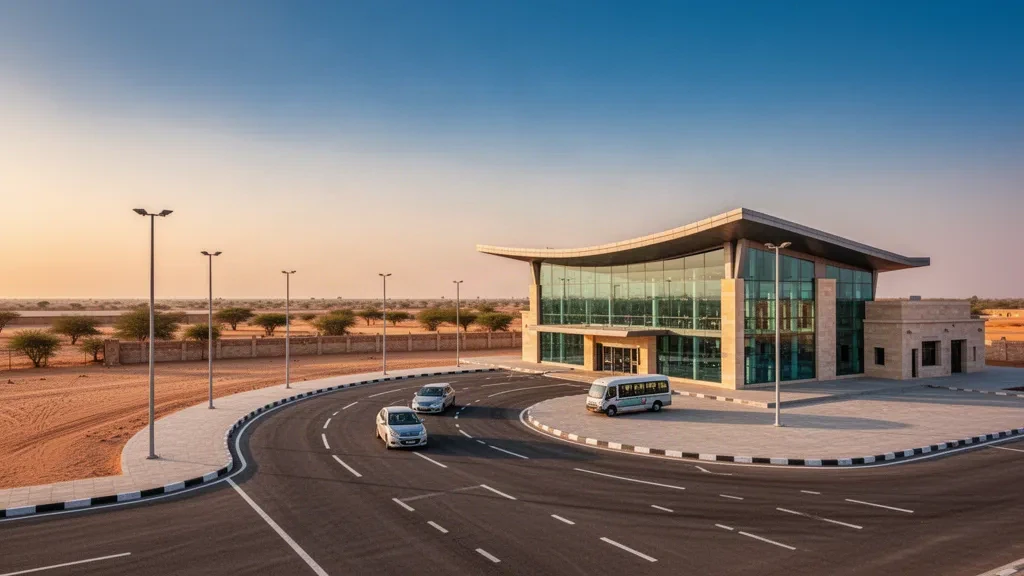 Modernes gläsernes Terminal und Vorfahrtbereich am Nal Airport bei Bikaner, Rajasthan, im warmen goldenen Wüstenlicht der Abendstunden