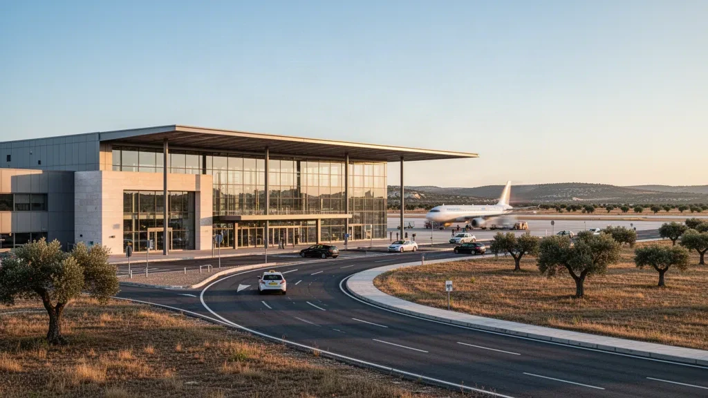 Moderne gläserne Terminalfassade am Flughafen Badajoz in Extremadura, Spanien, mit Zufahrtsstraßen und Vorfeldansichten im Licht der goldenen Stunde.
