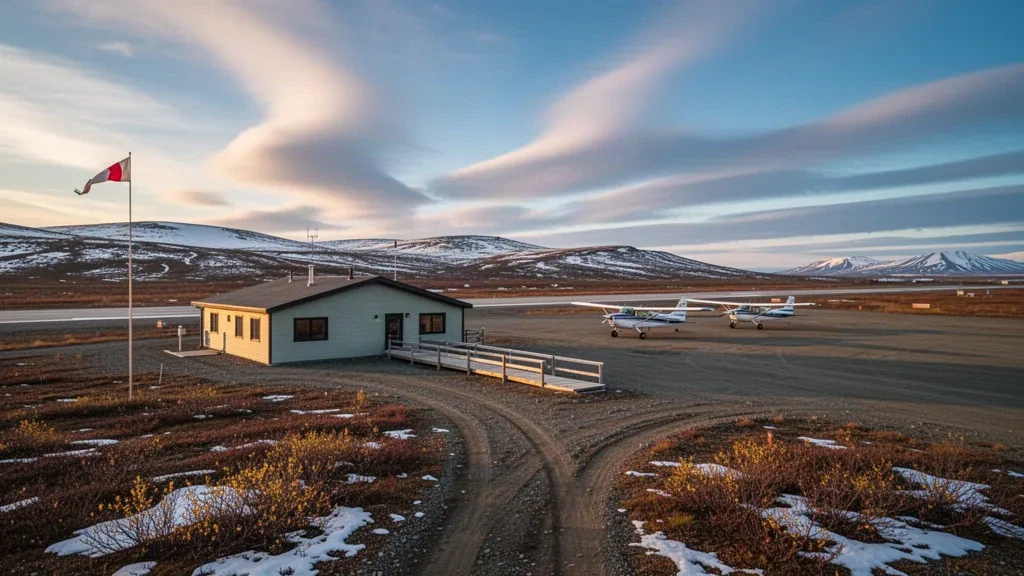 Remote Alaska village airport in Buckland with a gravel runway, parked bush planes and open tundra under golden-hour Arctic light.