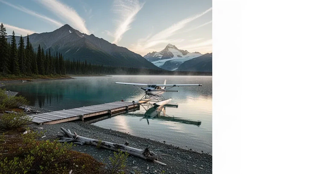 Hydravion à flotteurs amarré à un ponton en bois sur le lac Brooks, dans le parc national de Katmai, en Alaska, à l'heure dorée, avec des montagnes en arrière-plan