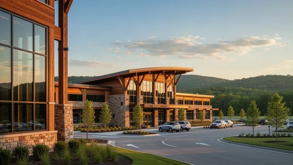 Extérieur moderne en pierre et en verre du terminal de l'aéroport de Branson dans le Missouri à l'heure dorée, avec des voies de dépose propres et les collines des Ozarks.