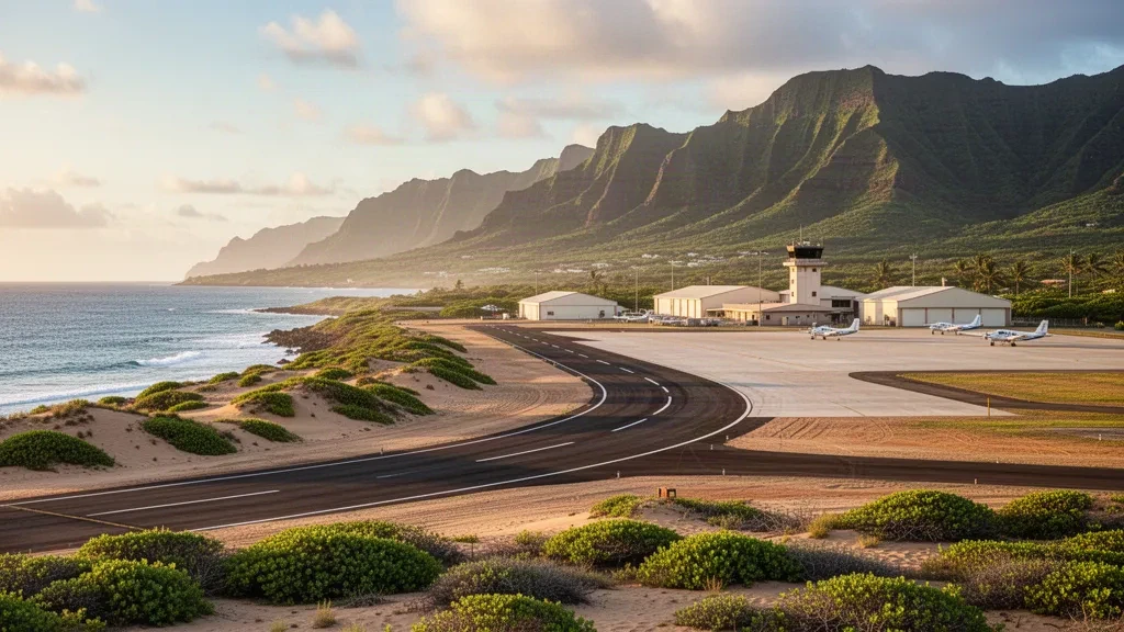 Kauai, Hawaii'deki Barking Sands Havalimanı'nda altın saat ışığı altında okyanus, kum tepeleri ve dağlarla çevrili kıyı pisti.